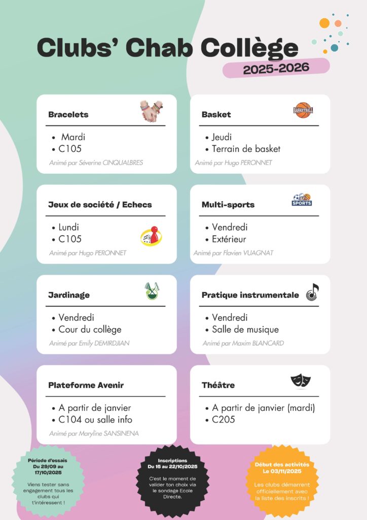 Liste des clubs du collège 2025-2026